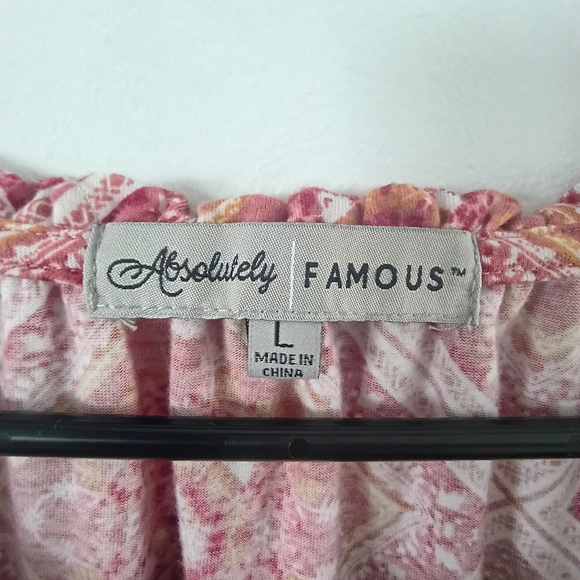 Absolutely Famous Boho Peasant Blouse Pink Paisley Ruffle Hem Top Size L - Picture 2 of 5